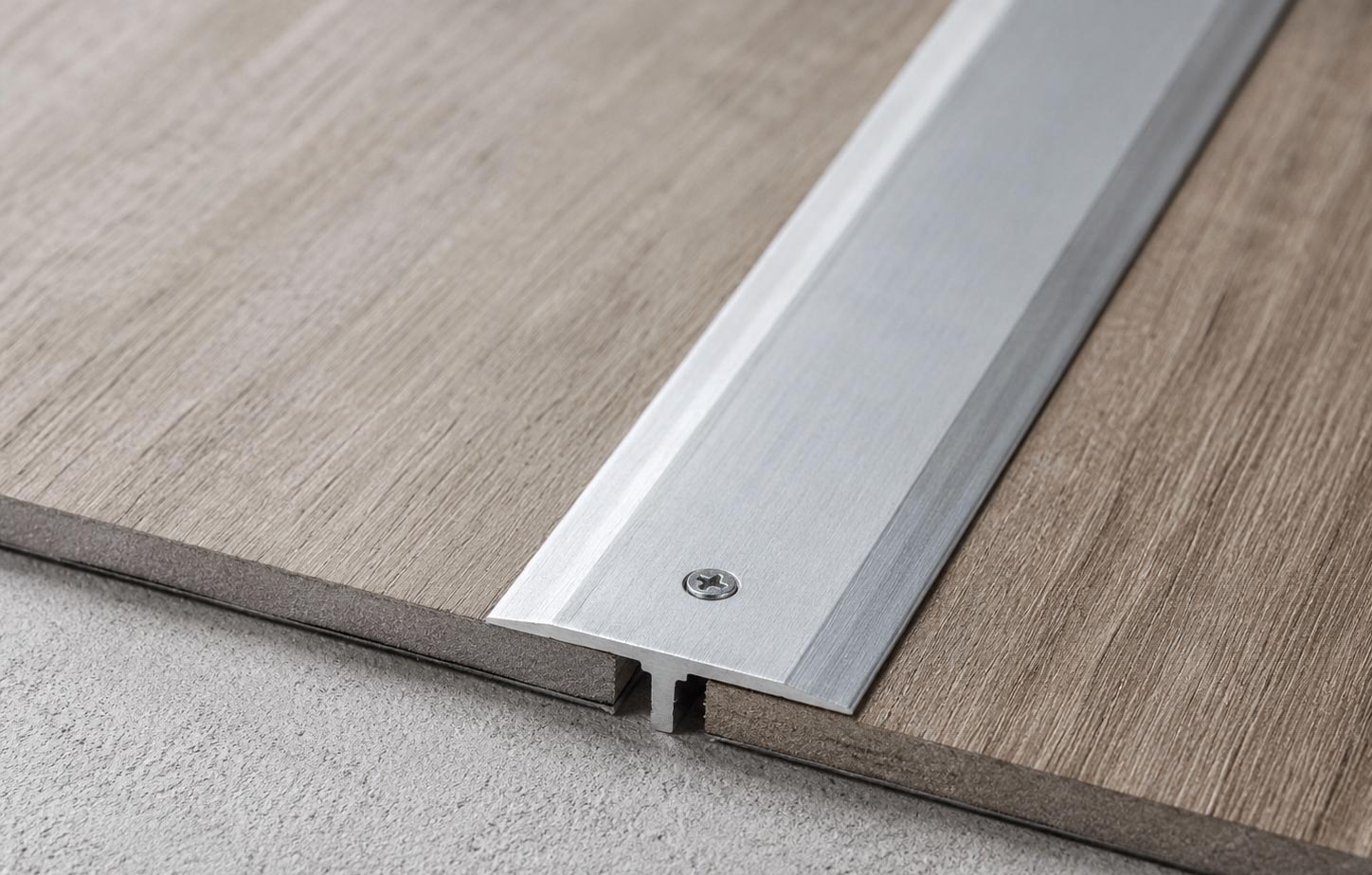 Aluminum floor transition strip installed between vinyl flooring and a grey floor surface