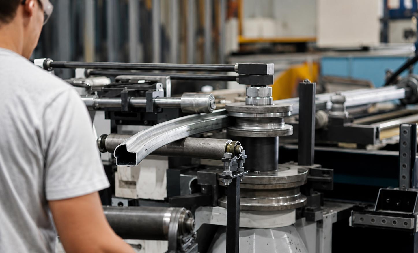 Macchinario con rulli per la calandratura di un profilo metallico curvo in ambiente industriale
