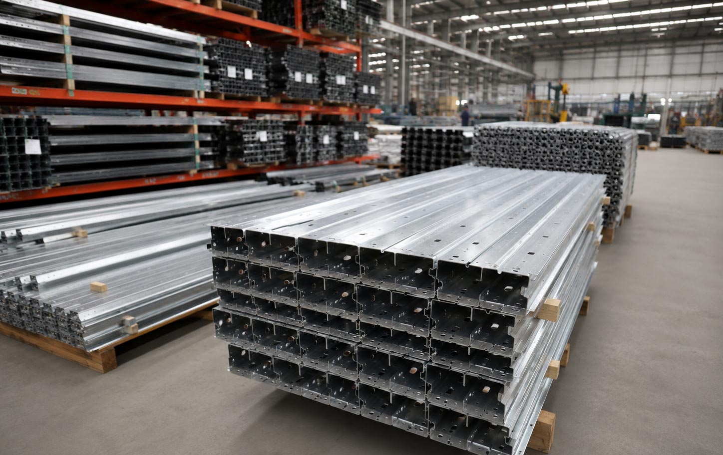 Custom metal floor transition strips produced in an industrial manufacturing facility
