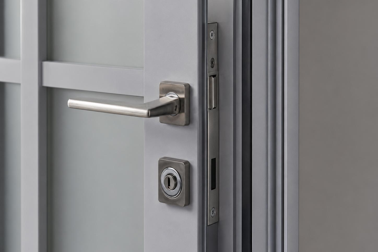 Reinforced steel door frame with lock area and security hardware detail
