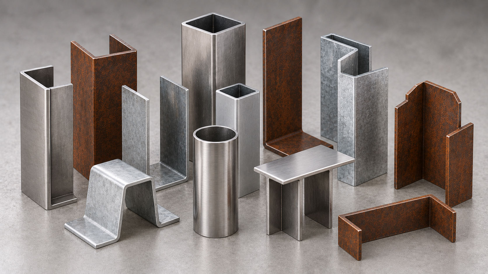 Forme dei profili metallici in acciaio inox, zincato e corten: profili a C, U, L, Z, omega, tubolari e sezioni speciali