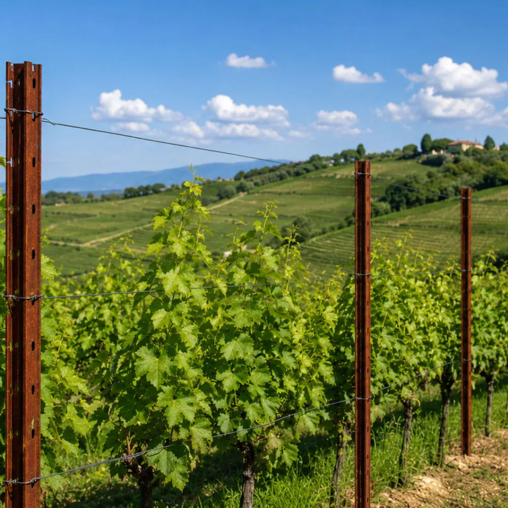 Pali per la vigna in acciaio Corten installati in un vigneto collinare