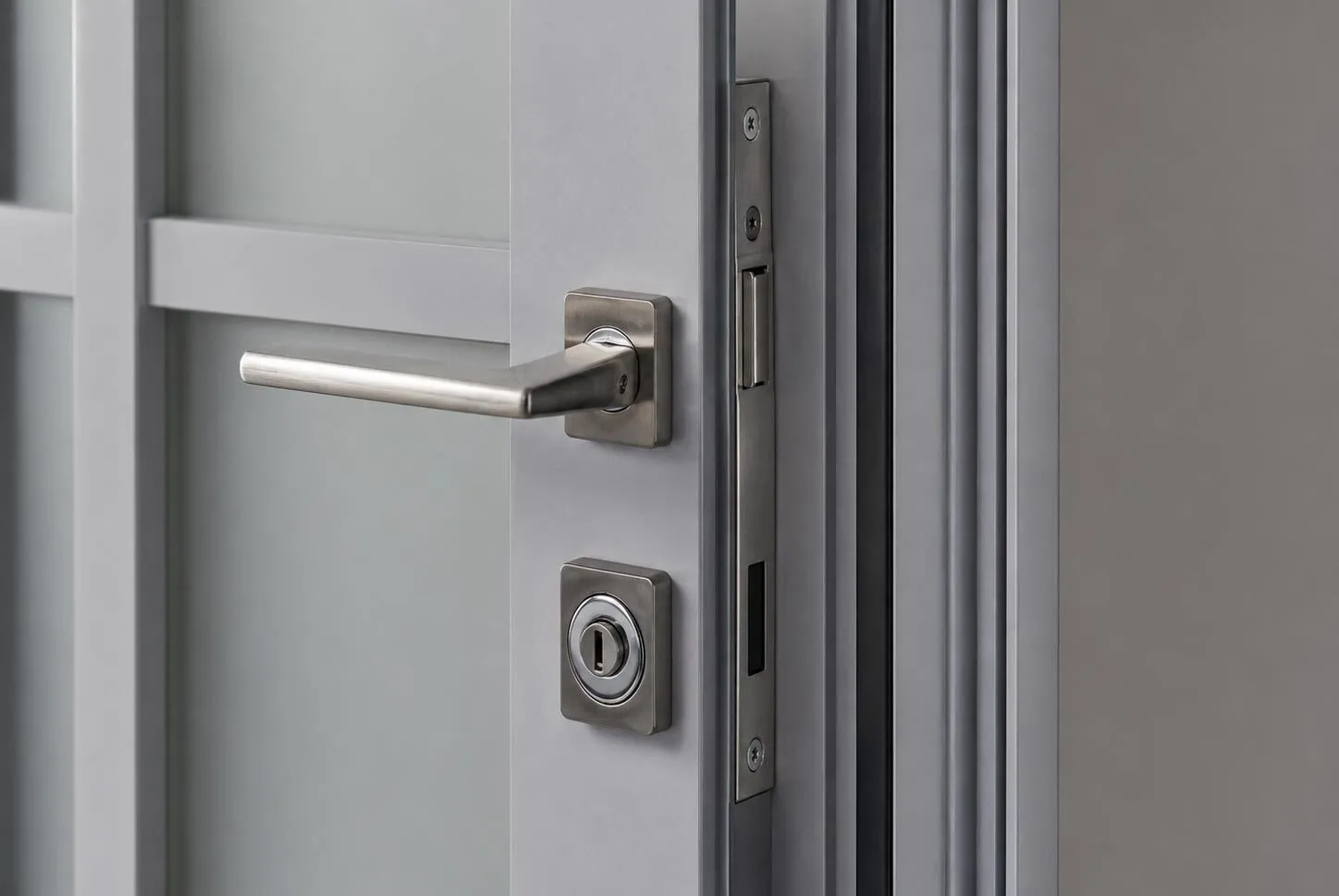 Reinforced steel door frame with lock area and security hardware detail