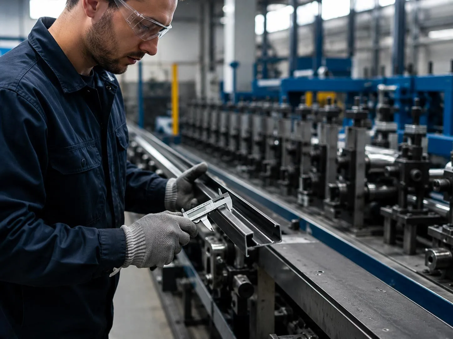 Quality control inspection of custom steel door frame profiles in an industrial facility