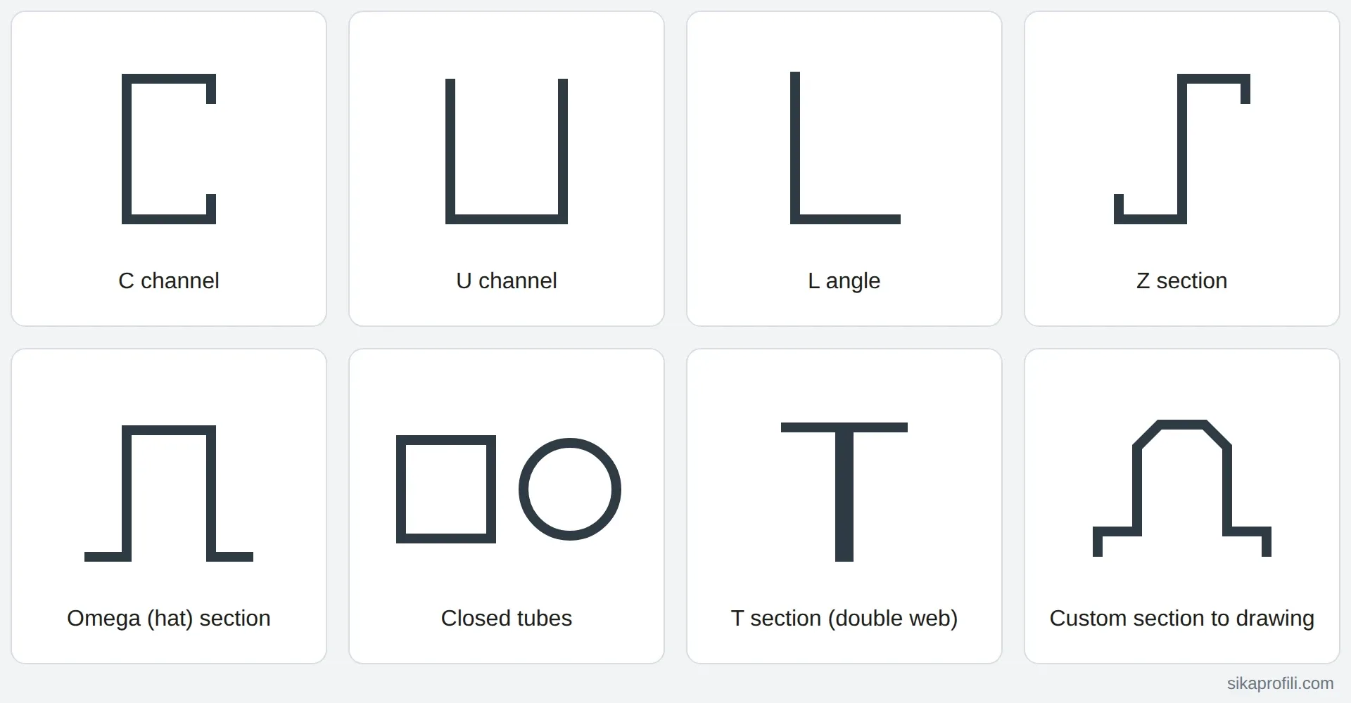 Steel profile shapes: C channel, U channel, L angle, Z section, omega hat section, closed tubes, T section and custom section
